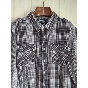 Electric Plaid Flannel Shirt Mens XL Brown Snap Button Western Long Sleeve